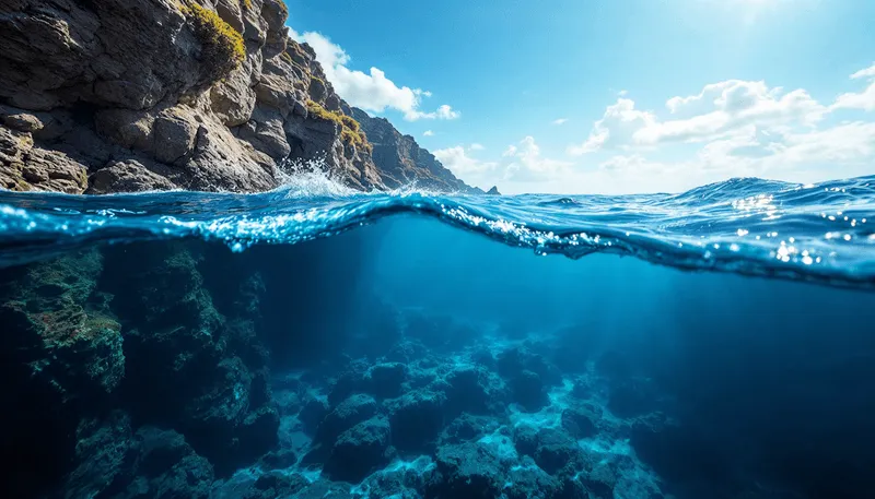 A rocky coast seen above and below the waterline